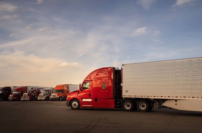 A fleet of semi trucks prepared to be driven.