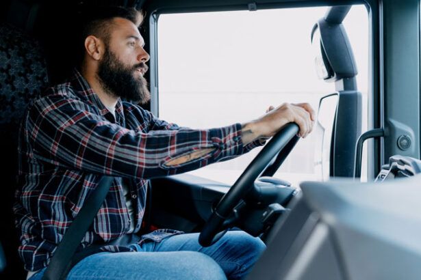A truck driver drives his semi.