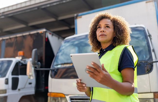 A fleet manager reviews analytics from her fleet fuel card on her ipad.
