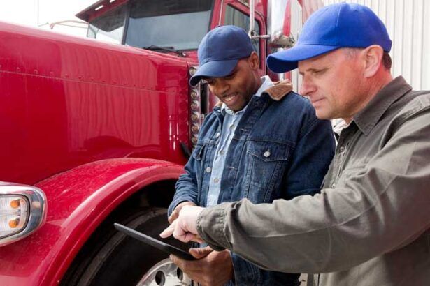A fleet owner shows his fleet driver how fuel tracking works from his tablet while standing outside a semi truck.