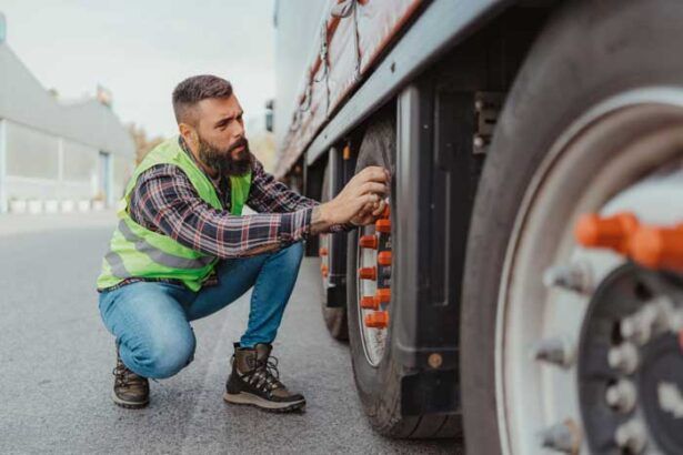 A truck driver has his semi assessed for maintenance needs by a technician.