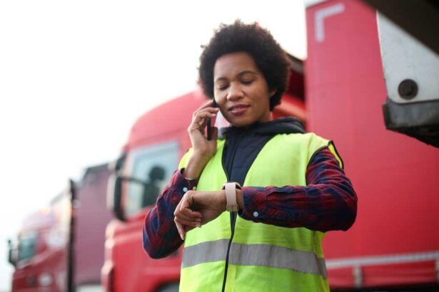 A fleet driver checks her watch before fueling her rig.