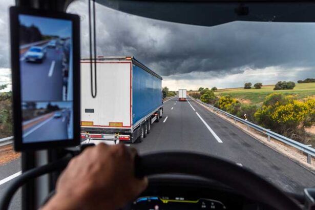 A view from the cab of a fleet driver’s route while along a highway in traffic.